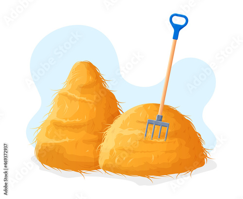 Bale of hay, agricultural rural haying, dried straw haystack with forks. Rural haycock, straw sheaf, wheat or rye ears vector illustration. Dried farming haystack