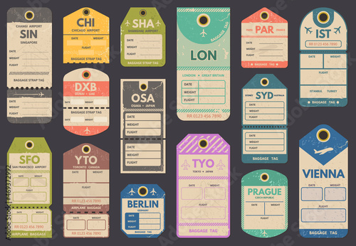 Travel luggage retro tags, airport country labels. Retro travel, flight register baggage vienna and singapore labels vector illustration set. Vintage luggage tags