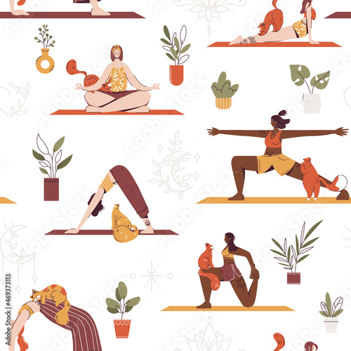 Seamless pattern with cartoon female characters in yoga poses and meditate with cats. Young women doing yoga exercises, practicing meditation and stretching at home. Healthy lifestyle.