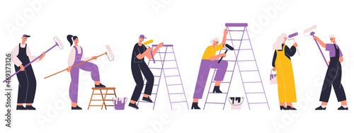 House renovation service workers, home repairers, fixing masters. Home repair masters, electrician, painter and plumber vector illustration set. Repair service workers