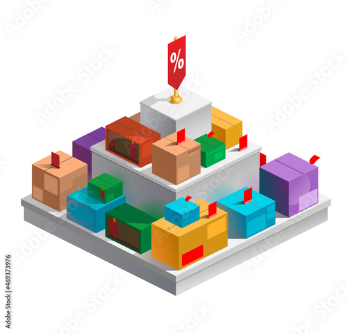 Vector illustration of black Friday, boxes with produce, big sale, purchase, counter with boxes. Isometry.