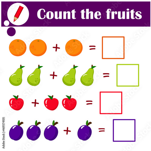 Educational a mathematical game. Logic task for children. Count the fruits