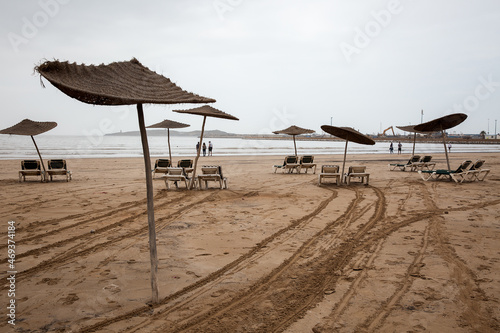 City beach in cloudy weather in the port city of Essaouira in Morocco.