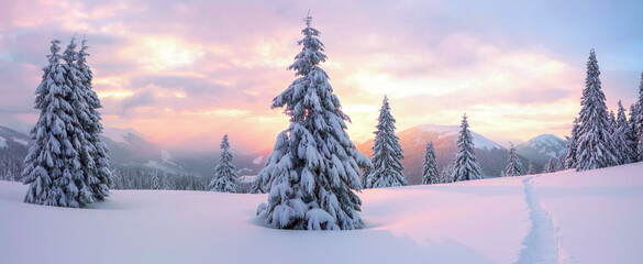 Papier peint photo Pourpre A panoramic view on high mountain. Winter forest. Amazing sunrise. Lawn covered in snow. Natural landscape with beautiful sky. Snowy background. Location place the Carpathian, Ukraine, Europe.  © Vitalii_Mamchuk