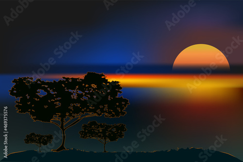 Trees silhouettes on colorful ocean sunset background. Sunset in Africa or Australia with sea and tree. Evening in island coast landscape. Scenery with at purple sundown or sunrise.Vector illustration