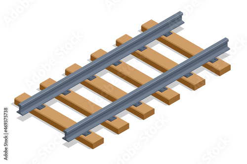 Isometric black railroad rails and sleepers isolated on white background. Railway icon