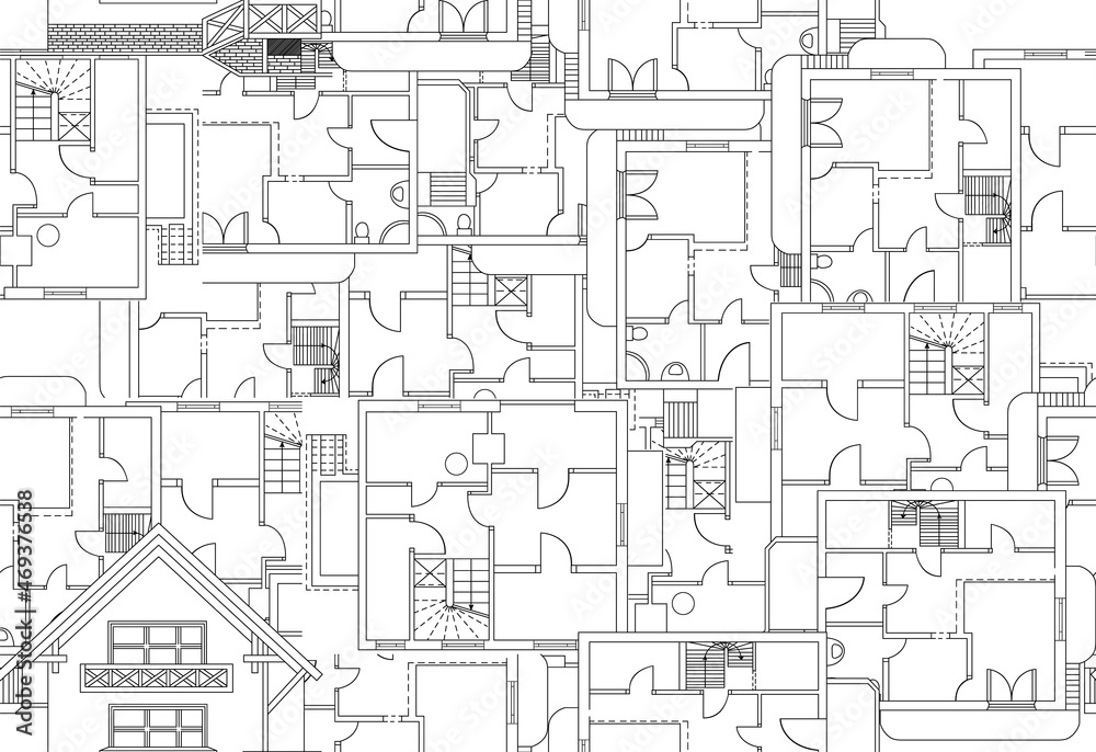 Architectural vector seamless pattern with handwritten house plans