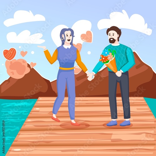 people in love in the background of the beautiful landscape. Vector illustration