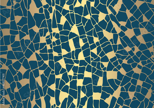 Golden cracked texture on emerald background. Kintsugi Japanese art style. Upcycling eco trend. Seamless pattern Grunge gold craquelure ceramics effect Modern textile decor design. Vector