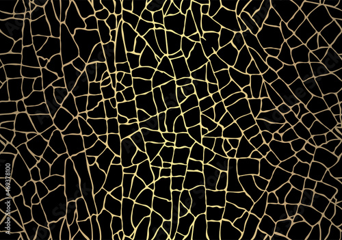Golden cracked texture on black background. Kintsugi Japanese art style. Upcycling eco trend. Seamless pattern Grunge gold craquelure ceramics effect Modern textile decor design. Vector