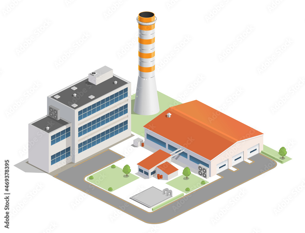 Isometric vector illustration of a factory, factory chimney, 3d, hangar. Infographics, low poly.