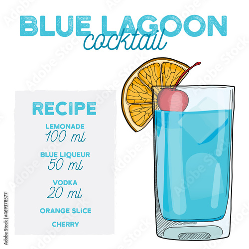 Blue Lagoon Cocktail Illustration Recipe Drink with Ingredients