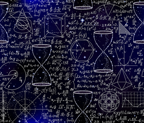 Math scientific vector seamless pattern with hourglasses, handwritten formulas and figures over starry space sky