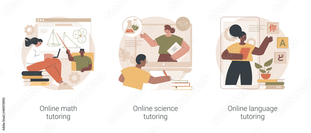 Online school subject learning abstract concept vector illustration set. Online math, science and language video tutoring, online education in quarantine, reach your academic goals abstract metaphor.