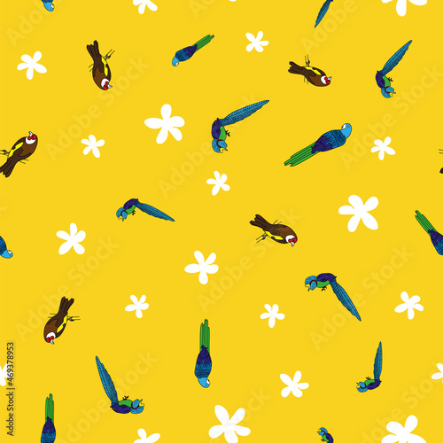 Vector Yellow small Tropical birds with flowers seamless background pattern