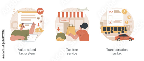 Taxation control abstract concept vector illustration set. Value added tax system, tax free service, transportation surtax, retail good purchase, refunding VAT, transit service fee abstract metaphor.