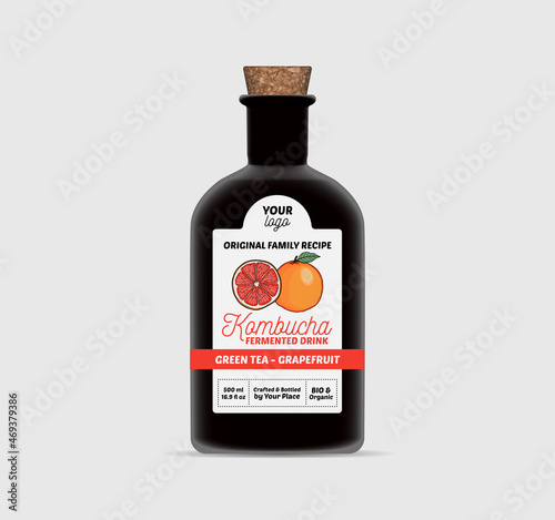 Grapefruit Kombucha label template Tea Bottle Packaging Isolated