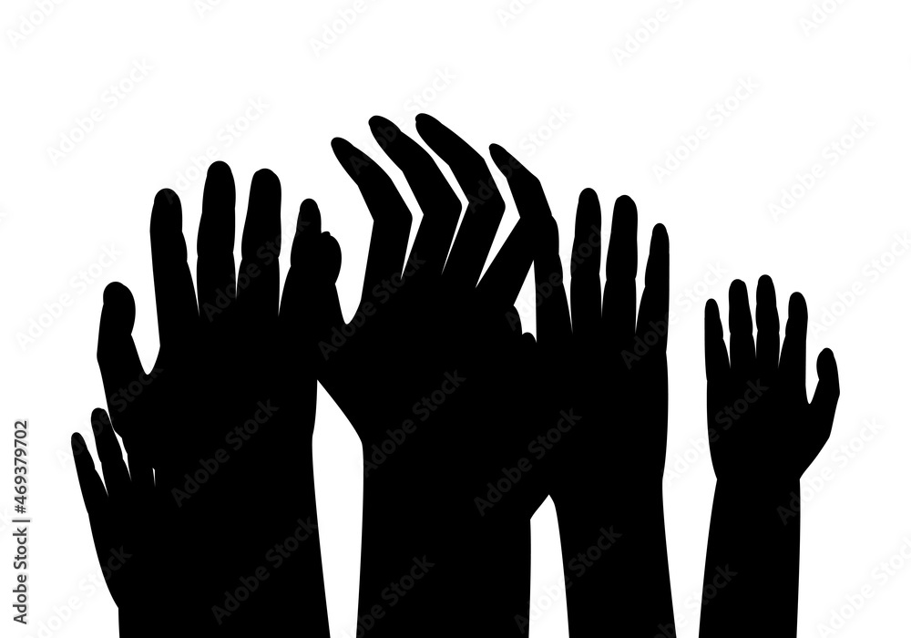 Obraz premium Silueta negra de manos pidiendo ayuda sobre fondo blanco. Socorro. Pobreza. Refugiados pidiendo ayuda. Crisis humanitarias