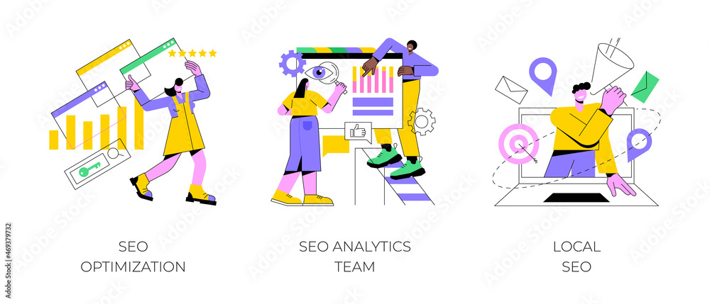 Website optimization abstract concept vector illustration set. SEO analytics team, local SEO, search engines page rank, keyword and link building, internet promotion, visibility abstract metaphor. Website optimization abstract concept vector illustration set. SEO analytics team, local SEO, search engines page rank, keyword and link building, internet promotion, visibility abstract metaphor.