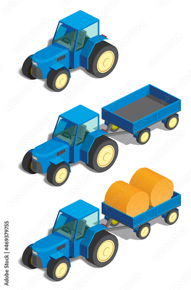Vector illustration tractor set, 3d. Heavy machinery.