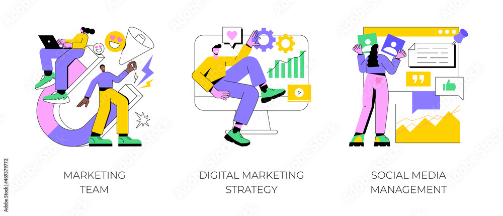 Digital marketing strategy abstract concept vector illustration set. Marketing team, social media management, SMM, brand insight, campaign strategy development, online channels abstract metaphor.