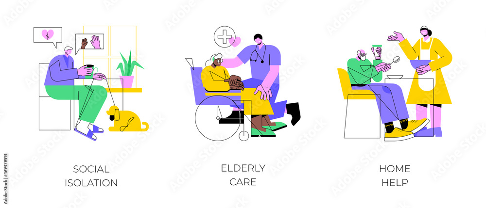 Older people living abstract concept vector illustration set. Social isolation, elderly care, home help, disabled people, medical nursing home, healthcare service, care allowance abstract metaphor.