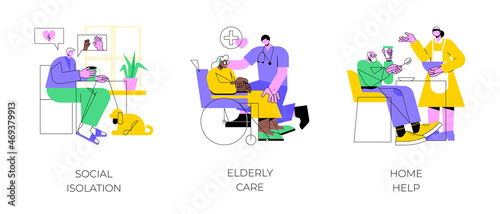 Older people living abstract concept vector illustration set. Social isolation, elderly care, home help, disabled people, medical nursing home, healthcare service, care allowance abstract metaphor.