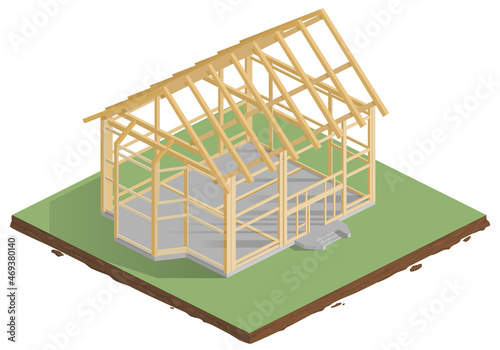Fototapeta Naklejka Na Ścianę i Meble -  Vector illustration of a house construction stage. Wire-frame of a wooden house. Isometry