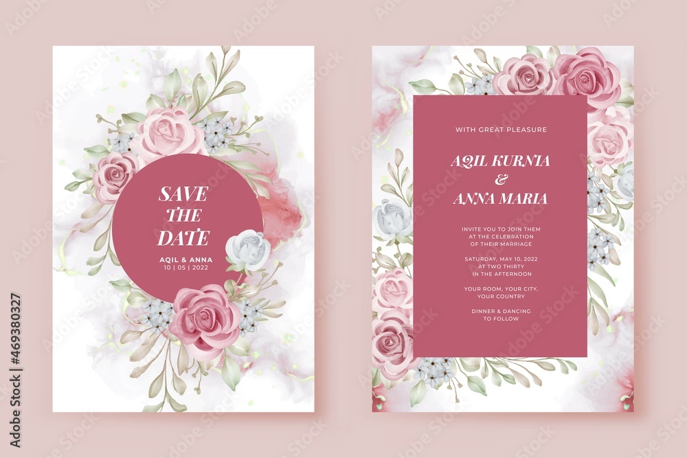 Romantic Wedding Invitation Set Rose Pink Flower Template