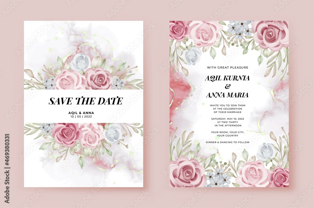 Romantic Wedding Invitation Set Rose Flower Template