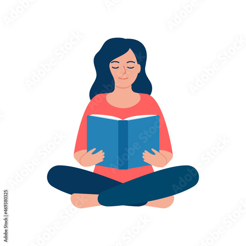 Girl reading and study book, self education. Knowledge from book, useful information, hobby of woman. Vector