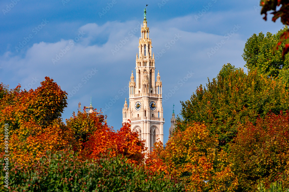 Vienna City Hall tower in autumn, Austria Vienna City Hall tower in autumn, Austria