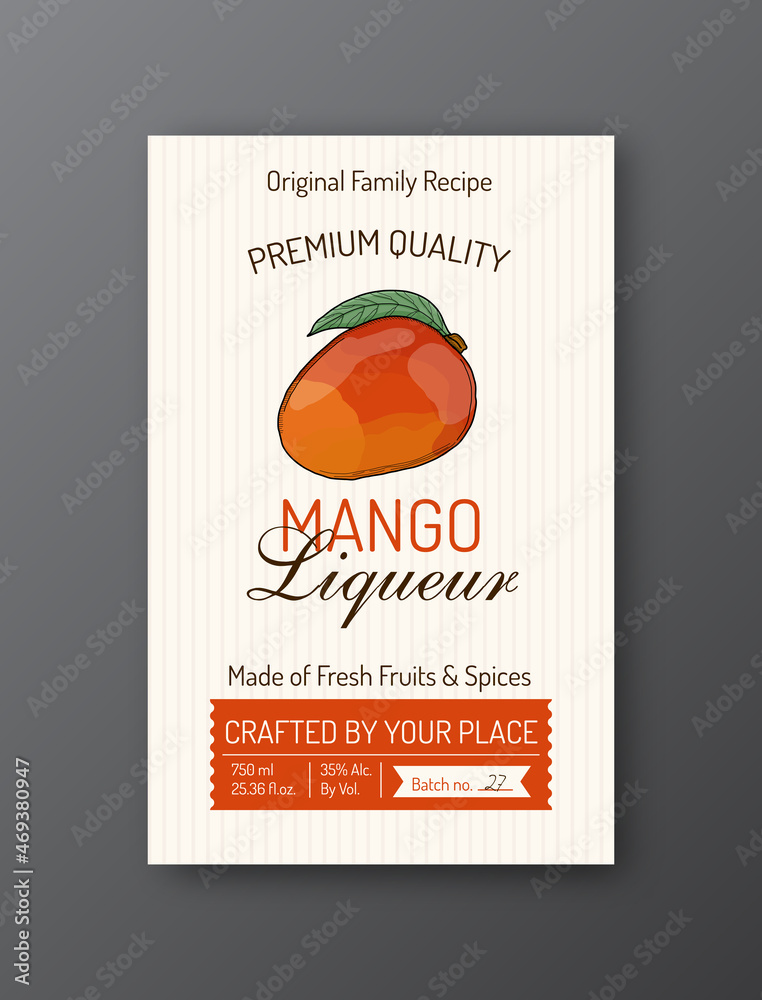Fototapeta premium Mango liqueur alcohol label template Modern vector packaging design layout Isolated