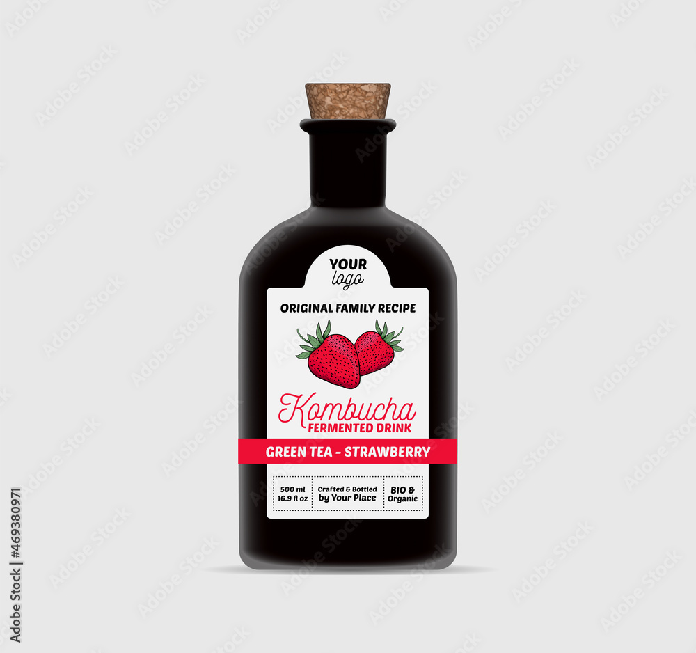 Strawberry Kombucha label template Tea Bottle Packaging Isolated Strawberry Kombucha label template Tea Bottle Packaging Isolated