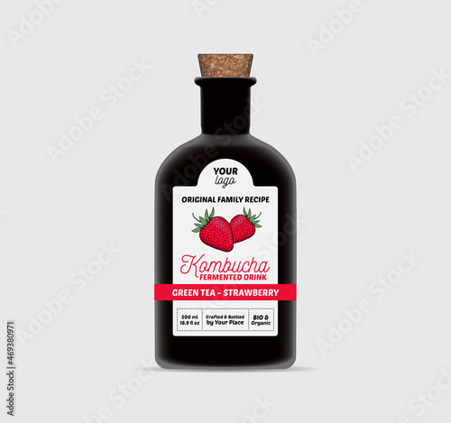 Strawberry Kombucha label template Tea Bottle Packaging Isolated