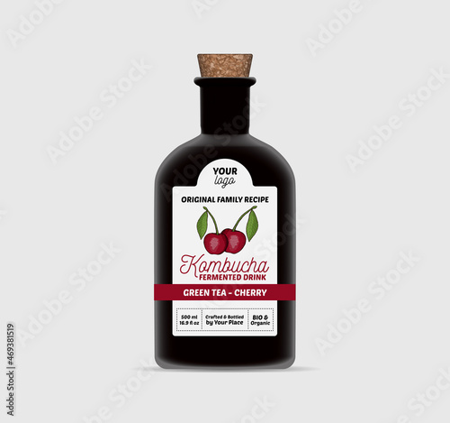 Cherry Kombucha label template Tea Bottle Packaging Isolated