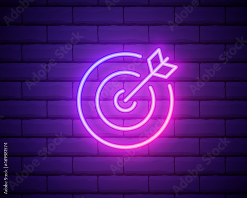 Neon signboard arrow target. concept goal, success. Bright night signboard on brick wall sign. Vector illustration realistic neon icon