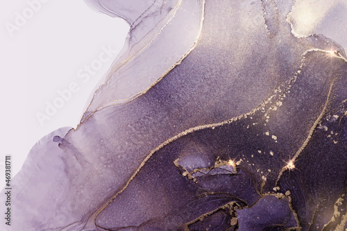 Purple marble with gold stripes alcohol ink painting. Luxury violet black watercolor background with golden brush strokes. Vector illustration of grey watercolour art design for wedding invitation