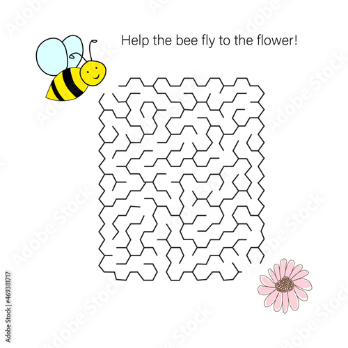 Maze game with bee. Cartoon labyrinth education puzzle. Find path for bee to the flower. Vector kids activity worksheet.