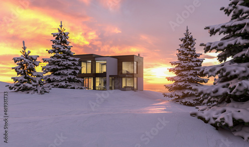 Winterhotel in traumhafter Schneelandschaft bei Sonnenuntergang photo