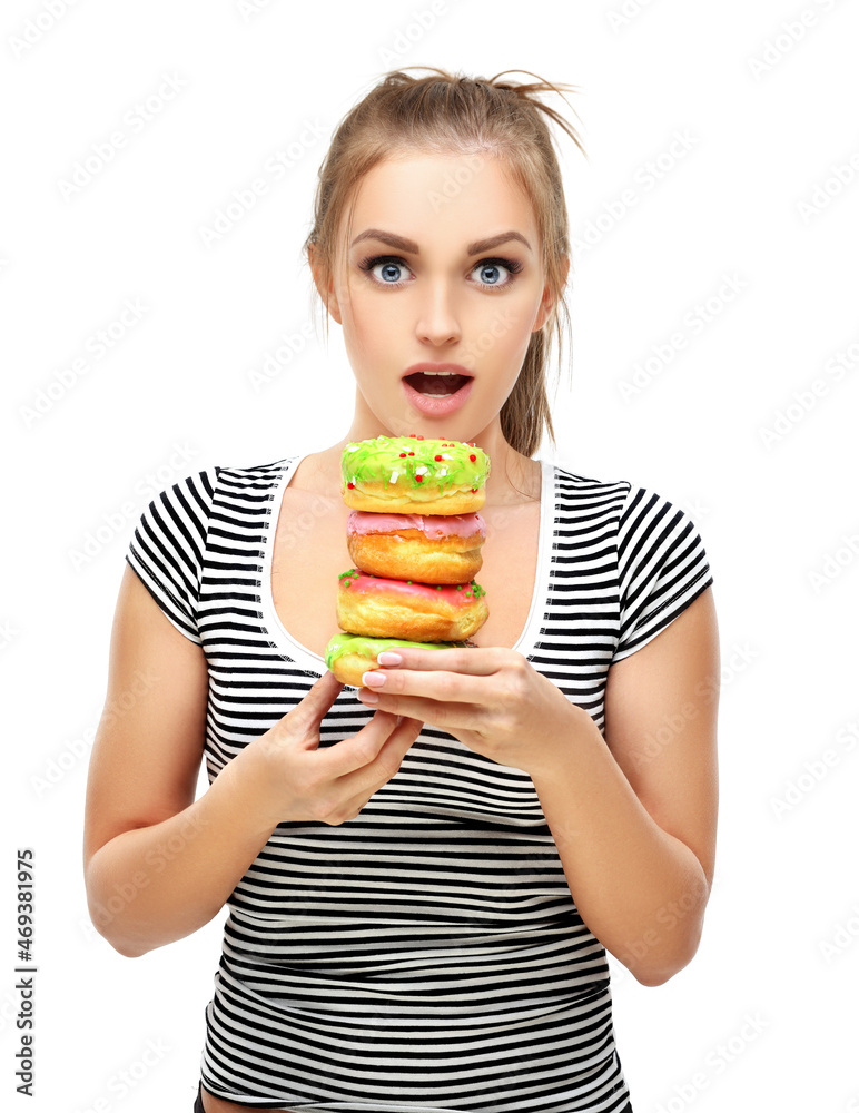 Funny girl and colorful donuts. Funny girl and colorful donuts.