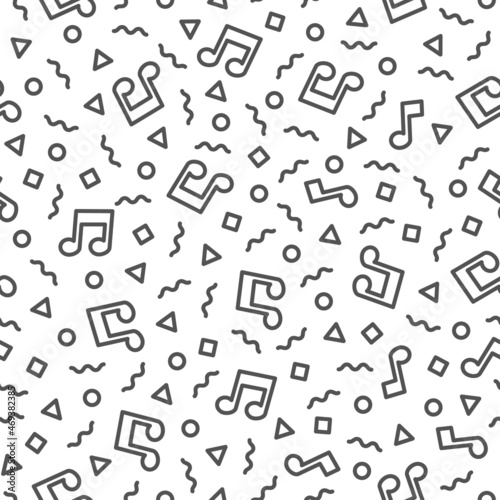 Black and white linear vector background. Seamless pattern with musical notes for wrapping paper, wallpapers, podcast and online radio banners