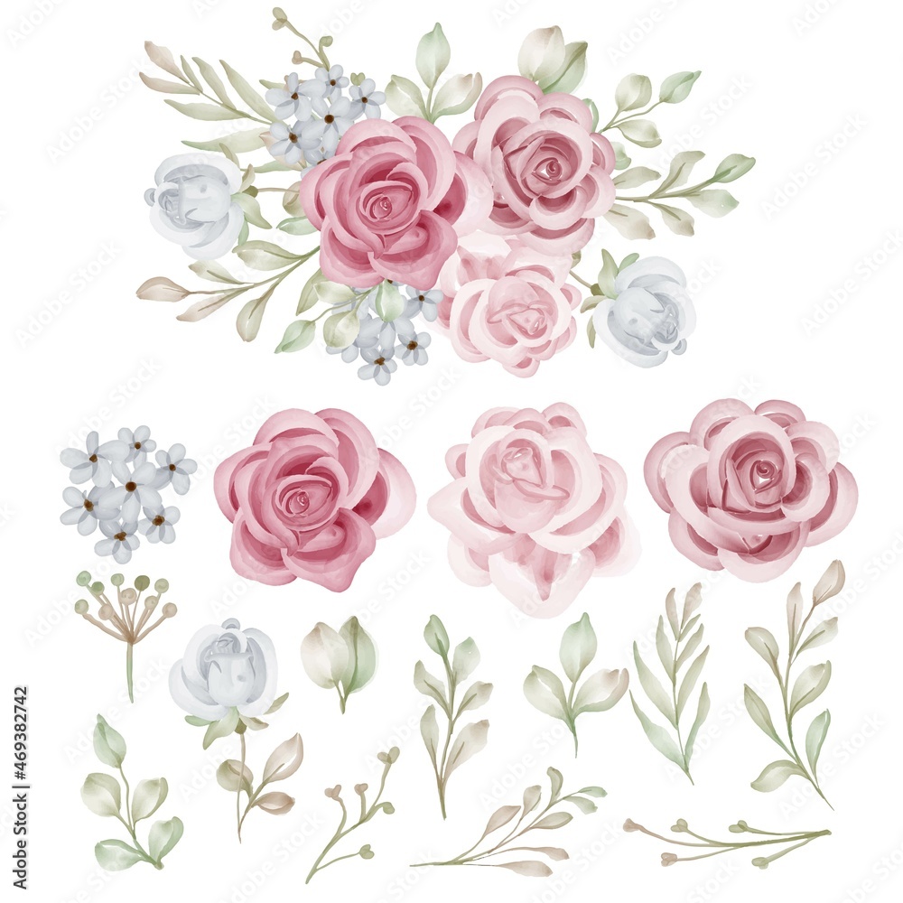 Set of Rose Isolated Floral Rose Pink Clipart