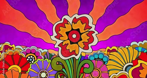 A pop art sixties or seventies style flower quickly grows and blooms in a bed of flowers with a background of wavy sun rays. Trippy, funky, groovy psychedelic pen and watercolor style animation. photo