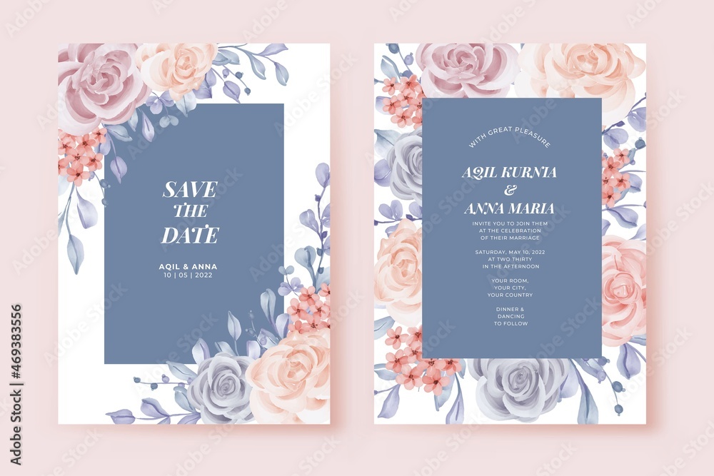 Elegance Wedding Winter Invitation Set Rose Blue Template