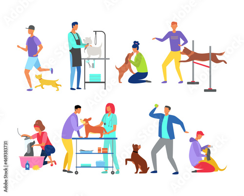 Set of illustrations of dogs with people, at the groomer, washes, plays, at the vet, at the competition, the love of the owner and the pet. Vector flat illustration.