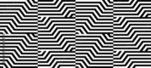 Futuristic technologic background by elements of hexagon. Black white striped seamless pattern. Op art, optical illusion. Vector texture.