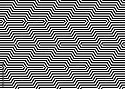 Futuristic technologic background by elements of hexagon. Black white striped seamless pattern. Op art, optical illusion. Vector texture.