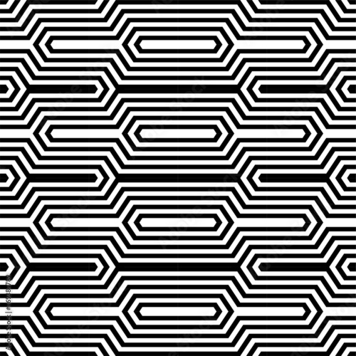 Futuristic technologic background by elements of hexagon. Black white striped seamless pattern. Op art, optical illusion. Vector texture.