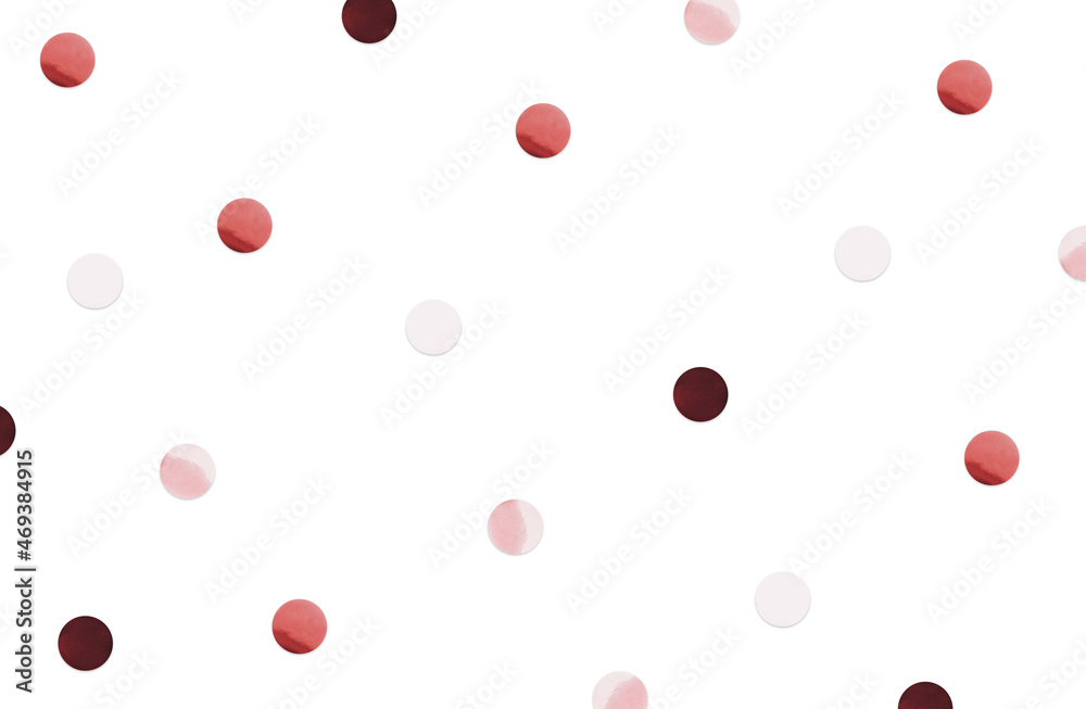 Gold polka dot pattern. Top view photo. Shining foil round confetti on white background